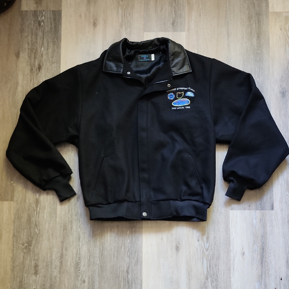 NWOT Retro Y2k UAW 100% Cotton w/Leather Collar Bomber/Varsity Jacket Blk Sz XLT